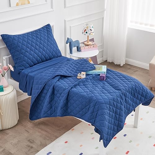 Miniatura 7 de Wowelife Juego de ropa de cama para niños pequeños, 4 piezas, color azul, juego de ropa de cama para niños y niñas, juego de edredón suave y ligero