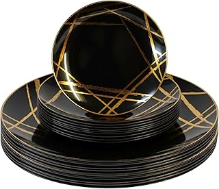 Luxia 20Pcs Elegant Black & Gold Abstract 10 Dinner Plastic Plates and 1...