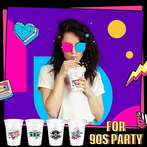 Miniatura 6 de 50 piezas de decoración de fiesta temática de los años 90, tazas desechables de plástico de 12 onzas para volver a la taza, taza gruesa transparente