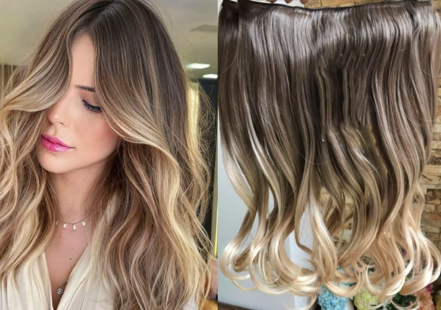 DevaLook Hair Extensions 17" 20" 25" Thick One Piece Straight Wavy Curly Half Head Ombre Clip in Hair Extensions (17 Inches = 120 grams, Chocolate brown/sandy blonde)