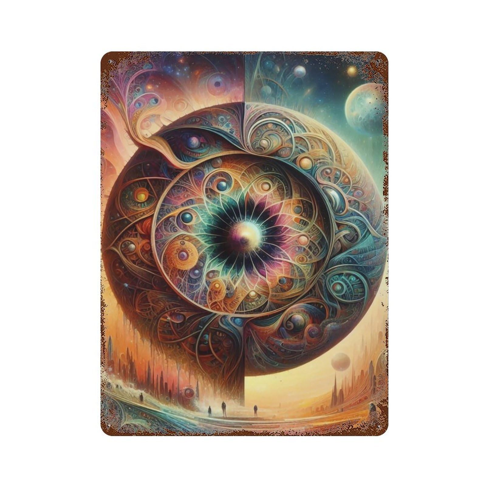 Vintage Rust Metal Sign Cosmic Mandala 15.7"x11.8", Decorative Metal Wall Art for Basement, Hobby Room And Garage Decor