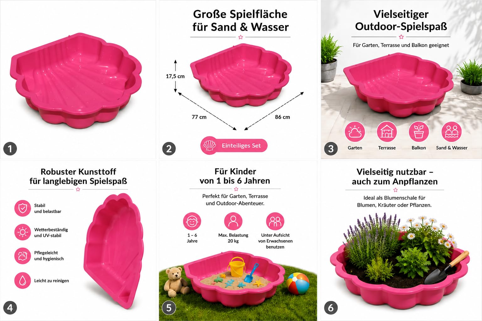 Sand- & Wassermuschel Pink Sterne, 1-teilig, Kinder Sandkasten & Planschbecken, stabile Kunststoff-Muschel für Garten, Balkon & Strand, Outdoor Wasserspielzeug, 86 x 77 x 18 cm, für Kinder 1–6 Jahre