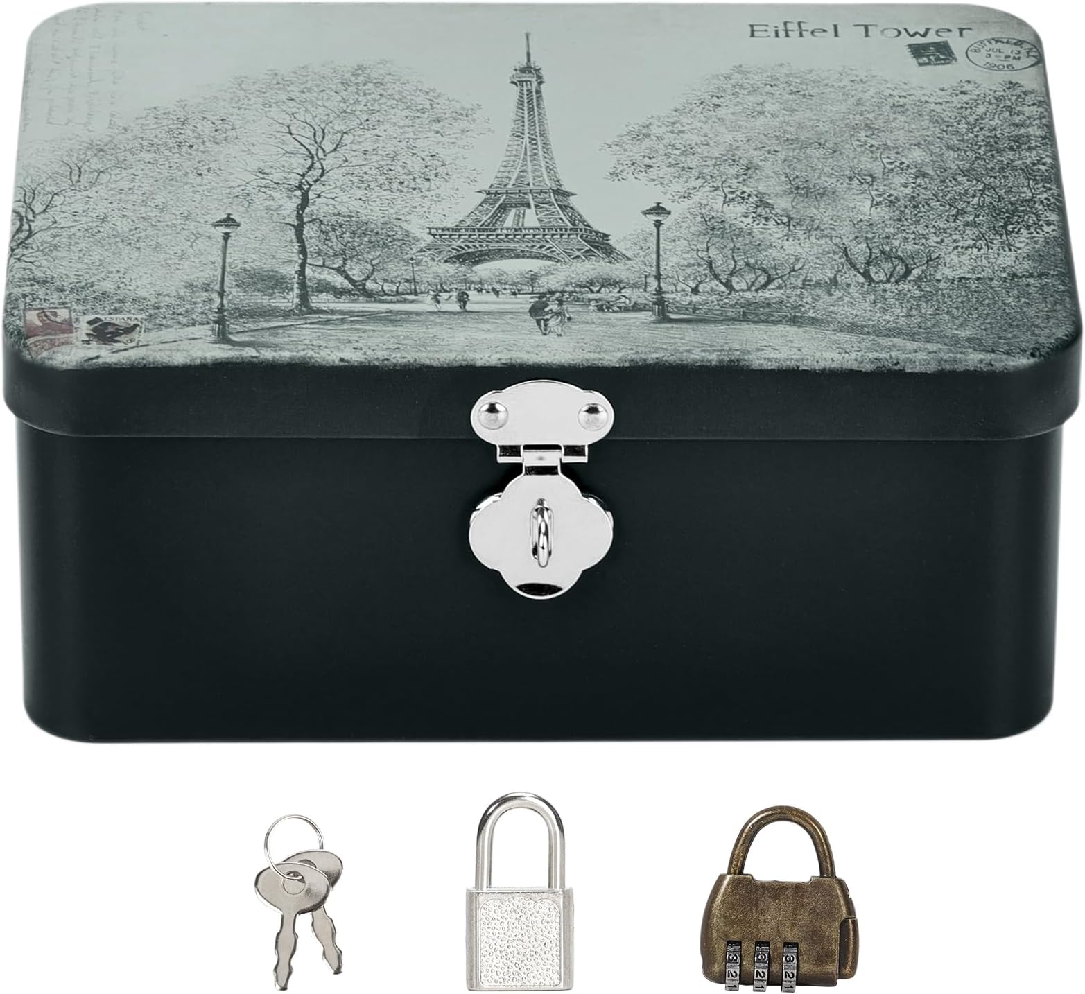 Rectangle Tinplate Storage Boxes with Padlock 6.69×4.92×2.87 Inch Vintage Tin Storage Box Metal Tin Box for Jewelry Cash Souvenirs with Free Combination Lock, Medium