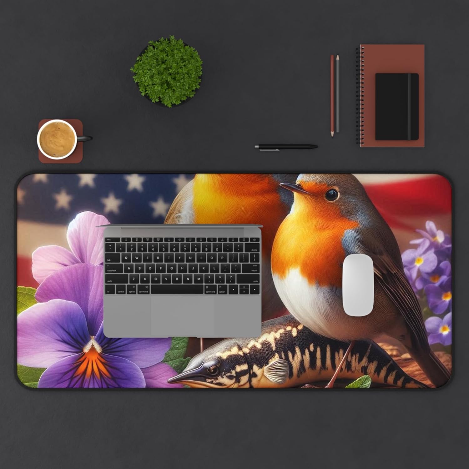 Premium Wisconsin Desk Mat - Wood Violet, American Robin, Muskellunge Design