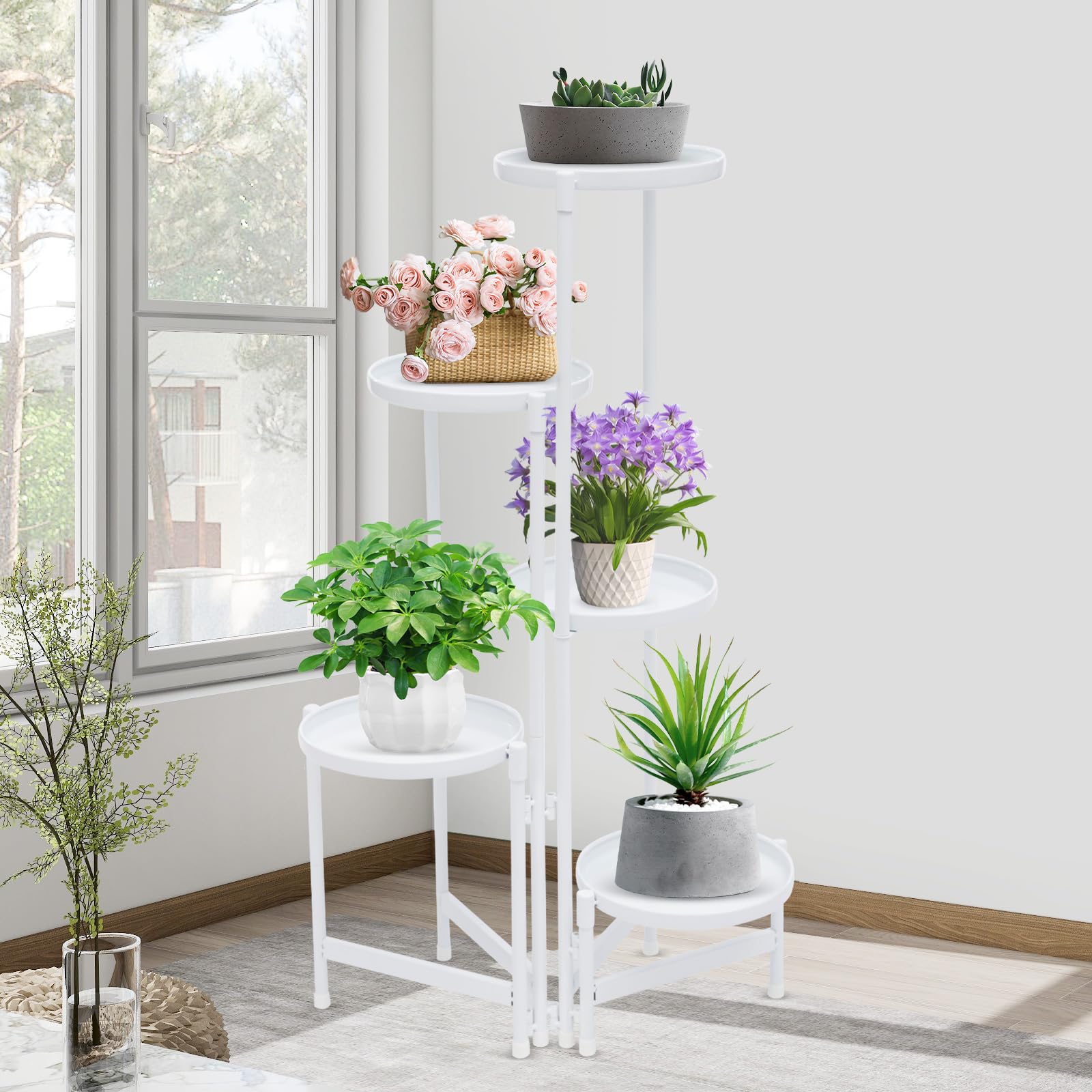 MINRS Supporto per piante a 5 ripiani, in metallo, bianco, per più piante, per terrazza, giardino, angolo, balcone, soggiorno