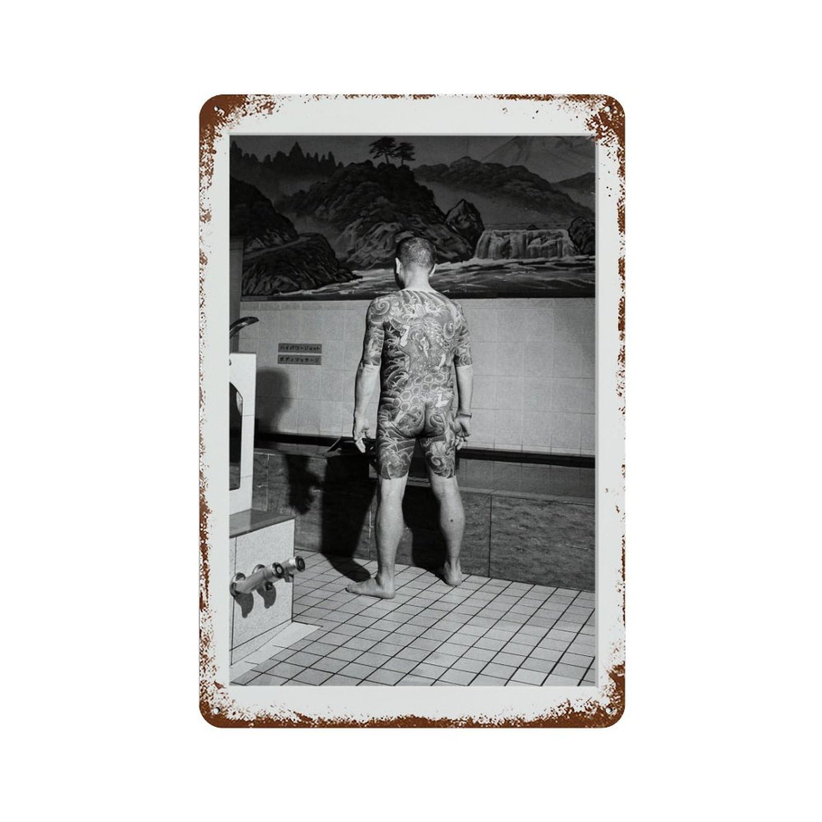 xiaoxiaoshen Yakuza Gangster at Japanese Bathhouse, Naked Tattooed Man Wall Decor Art Metal Tin Poster Modern Home Decor Art Home Bar Shop Decorations Vintage Sign 30x20cm