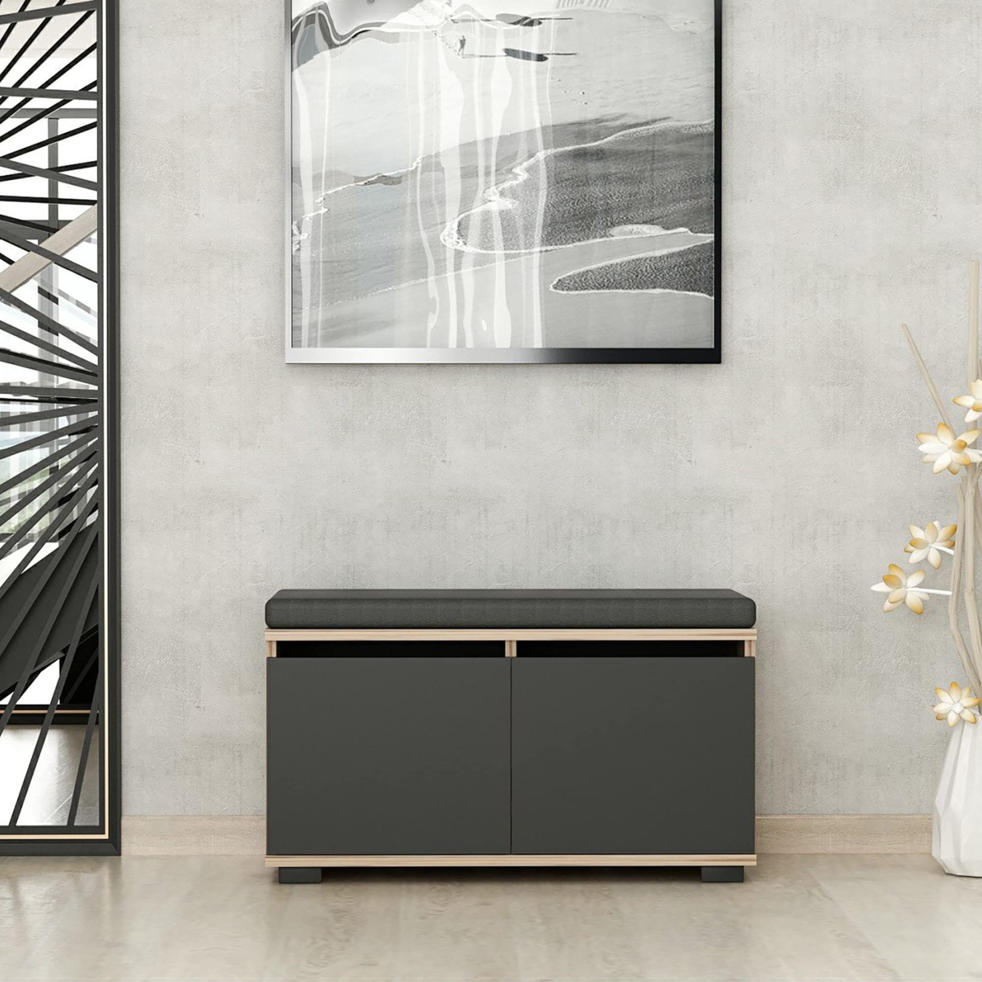 [en.casa] Panca Portascarpe con Seduta Imbottita 4 Scomparti e 2 Ante a Ribalta Mobile Scarpiera da Ingresso Corridoio 42 x 80 x 35 cm Effetto Rovere/Nero