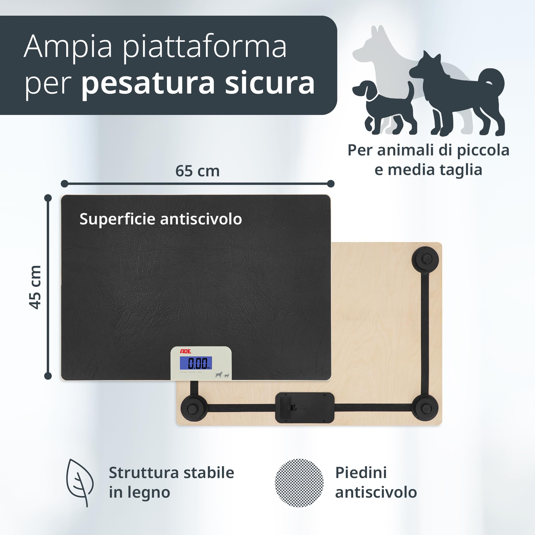 ADE Bilancia digitale per animali fino a 75 kg, bilancia per cani con gradini da 50 g, per animali domestici di piccole e medie dimensioni, superficie adatta alle zampe, anche come bilancia per gatti