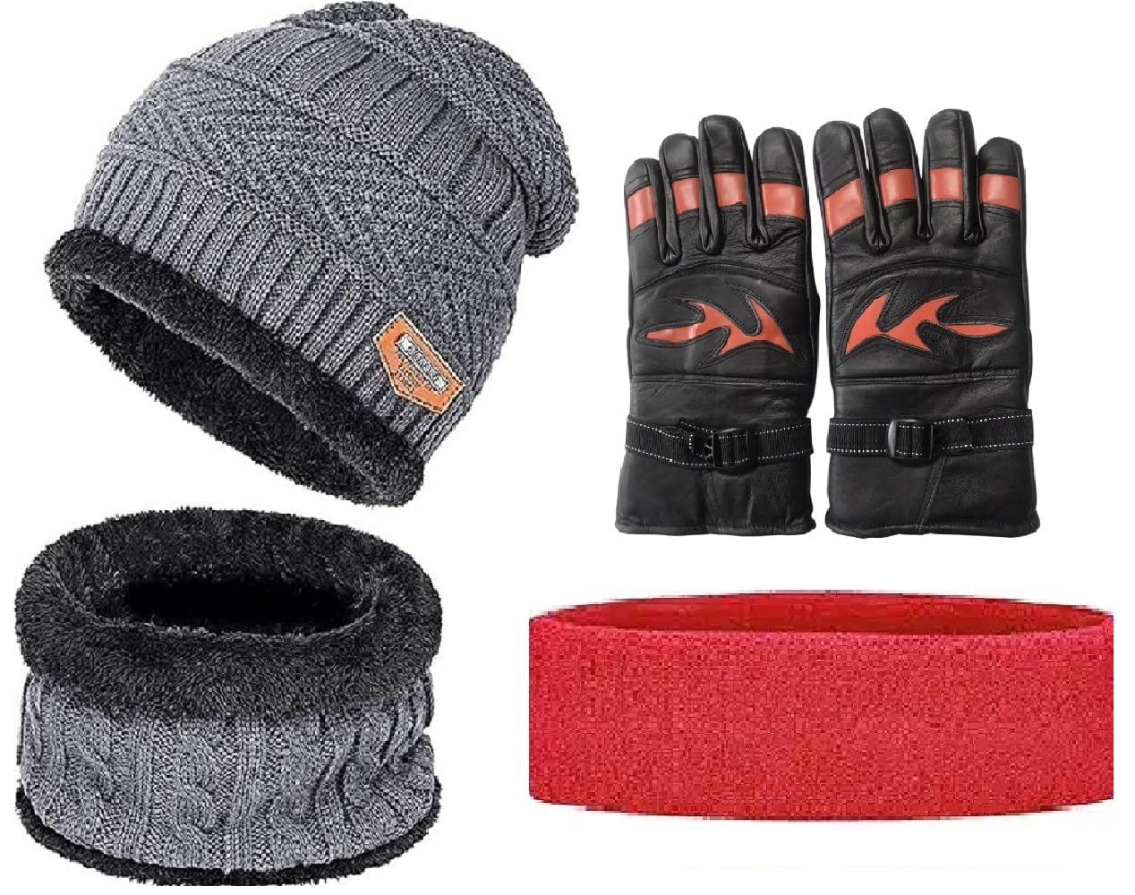 Unisex Winter/Woolen/Beanie Cap, Neck Muffler, Forehead Band & Leath Gloves with Wrist Support Set - Perfect Accessories for Keeping Yourself Warmer & Stylish-image-1
