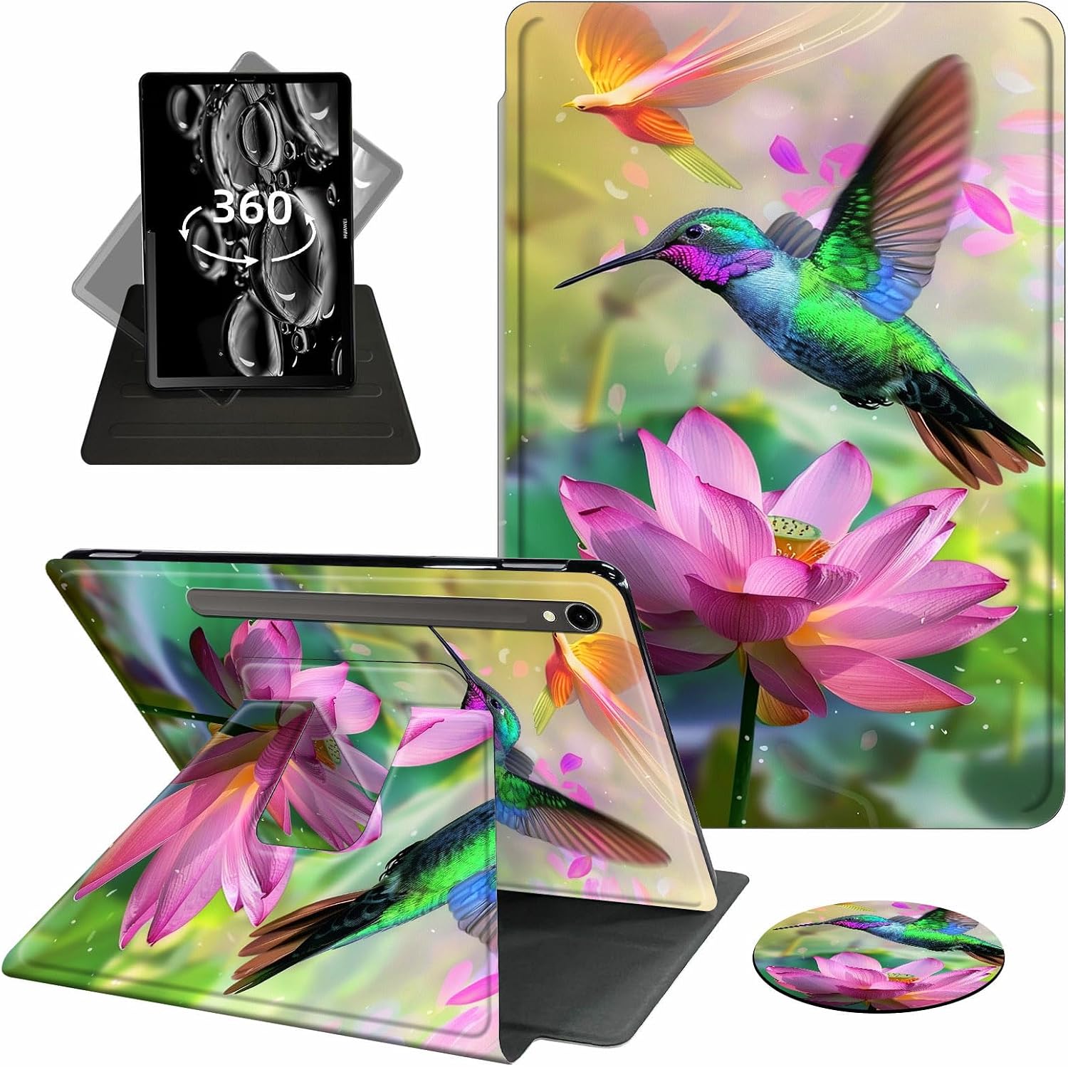 Case for Samsung Galaxy Tab S9 FE 5G 10.9 Inch/Galaxy Tab S9 11 Inch 2023,360 Degree Rotating Swivel PU Leather Stand Slim Flip Folio Cover with Auto Wake/Sleep,Hummingbird Lotus