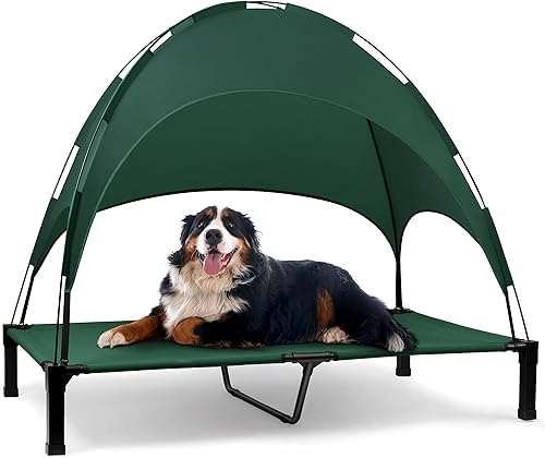 Heeyoo Cama elevada para perros con toldo, cuna portátil para perros con tienda de campaña de sombra extraíble, cuna elevada para mascotas al aire