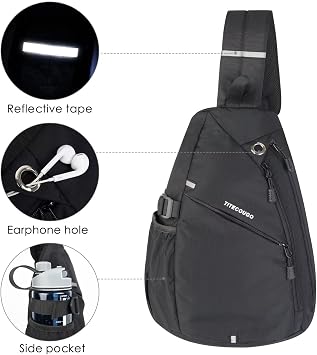 TITECOUGO Sling Backpack Travel Shoulder Bag One Strap Crossbody Bags Lightweight Chest Daypack Camp Day Packs for Women and Men Hiking Accessories Large Black