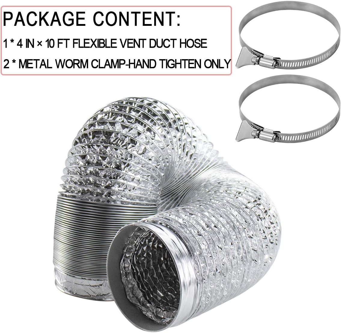 Funmit Flexible Dryer Vent Duct Hose Kit (4 in Diameter by 10 ft Length) - Includes 2 Stainless Steel Worm Clamp, Silver : Appliances