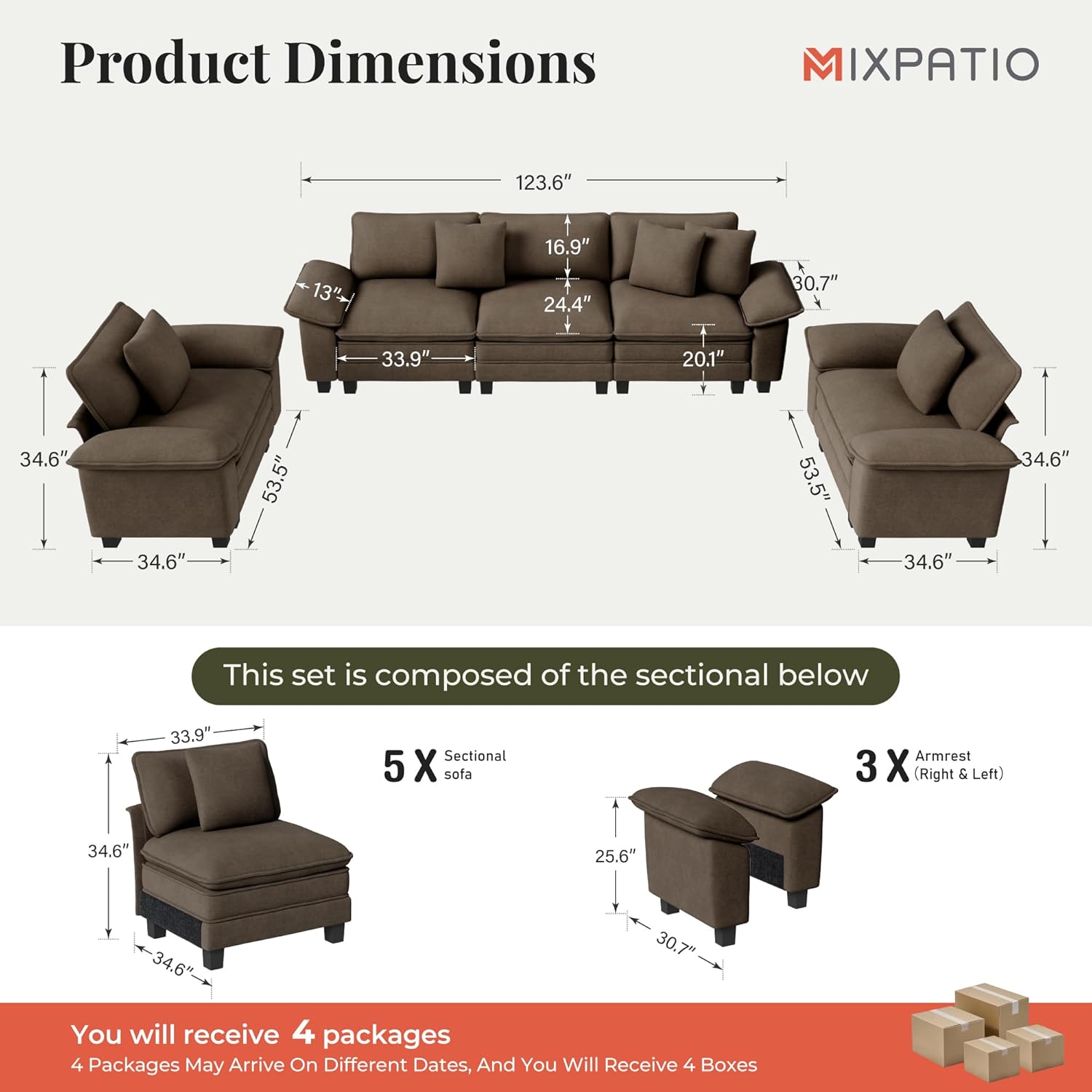 Cloud Couch Sectional Sofa Set, Plush 24.4-Inch Deep 5-Seat Sectional with Velvety Chenille & Removable Arms for Living Room and Apartment, Taupe