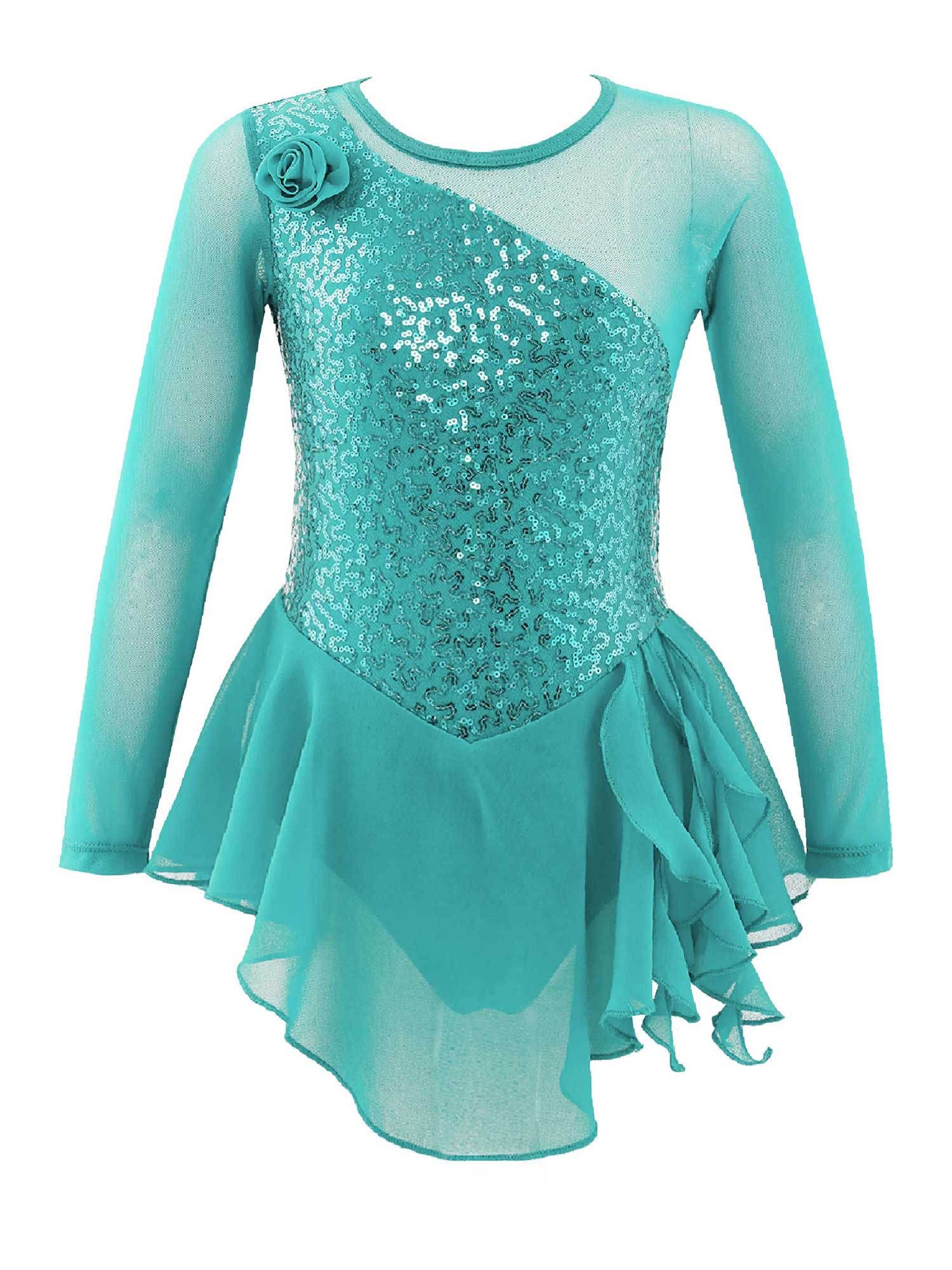 YiZYiF Vestito da Pattinaggio Artistico Bambina Pizzo Floreale Abito da Balletto Ginnastica Artistica a Manica Lunga Body da Danza Ballo Ragazza tutù in Tulle Dancewear