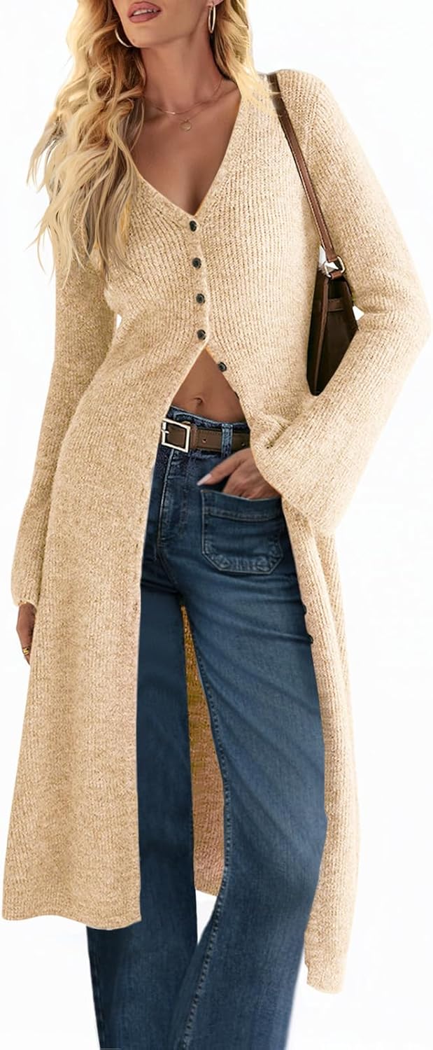 Saodimallsu Womens Long Cardigan Sweaters Oversized Bell Sleeve Open Front Button Down Casual Knit Fall Midi Dress Apricot Medium