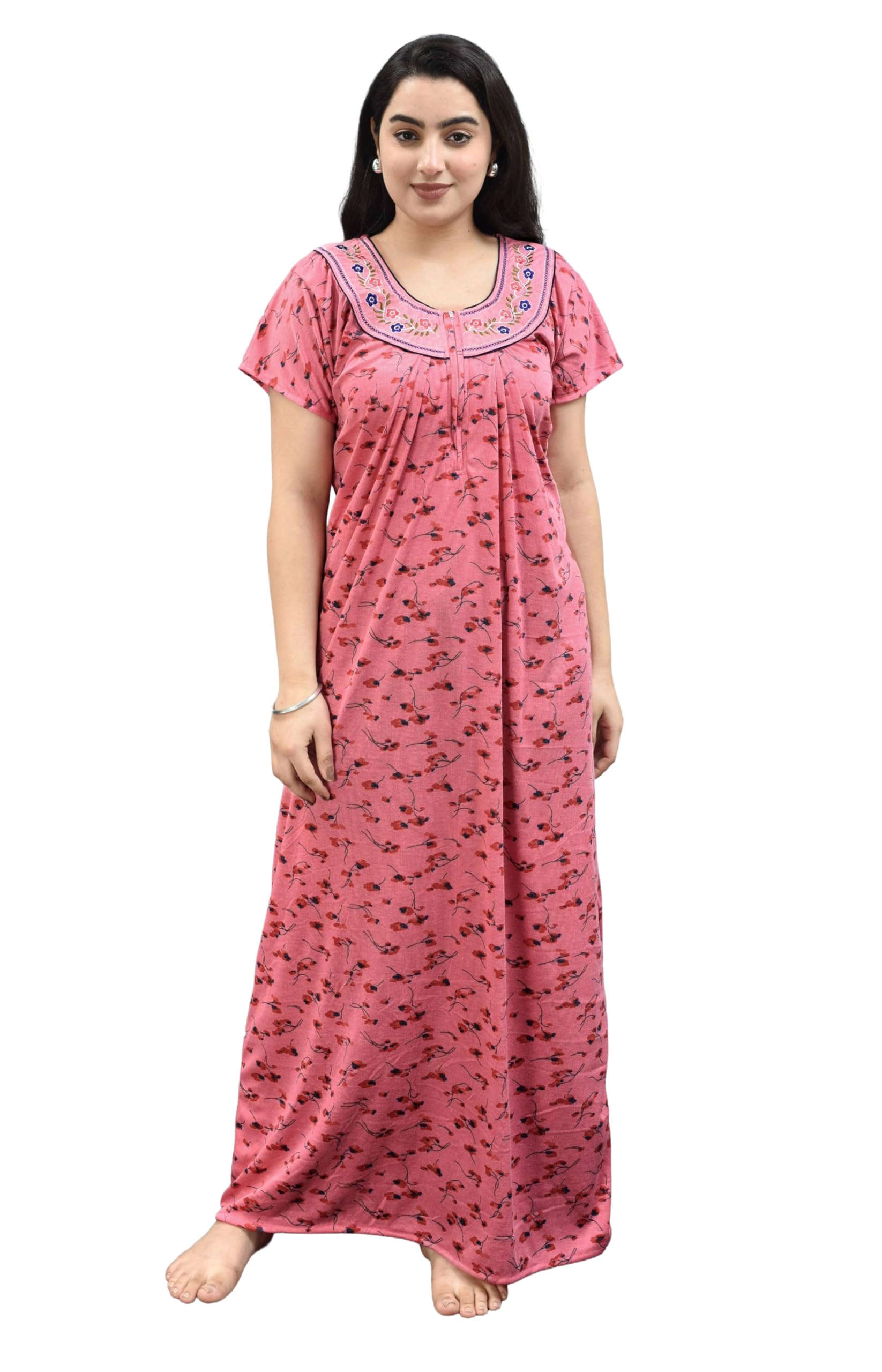 Women Cotton Nighty Maxi Length 54 Inch Sleeveless Cut Sleeve Floral & Polka Dot Print Nightdress | Soft Breathable Multicolour Cotton Sleepwear | Bust 42 Inch | Size L-XL-image-6
