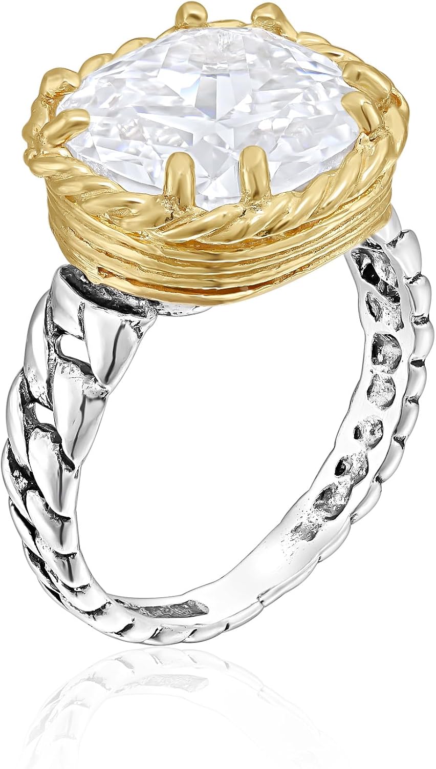 JEAN RACHEL JEWELRY 925 Sterling Silver Ring - Braid Chain with Square Cushion Cut Cubic Zirconia Vintage Design - Hypoallergenic, Lead & Nickel Free - Artisan Handcrafted Statement Rings for Women
