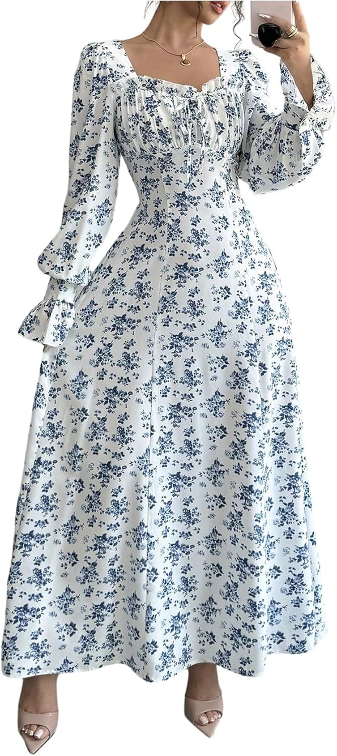 Floerns Women's Boho Floral Long Bell Sleeve Milkmaid Dress Smocked A Line Vacation Maxi Dresses