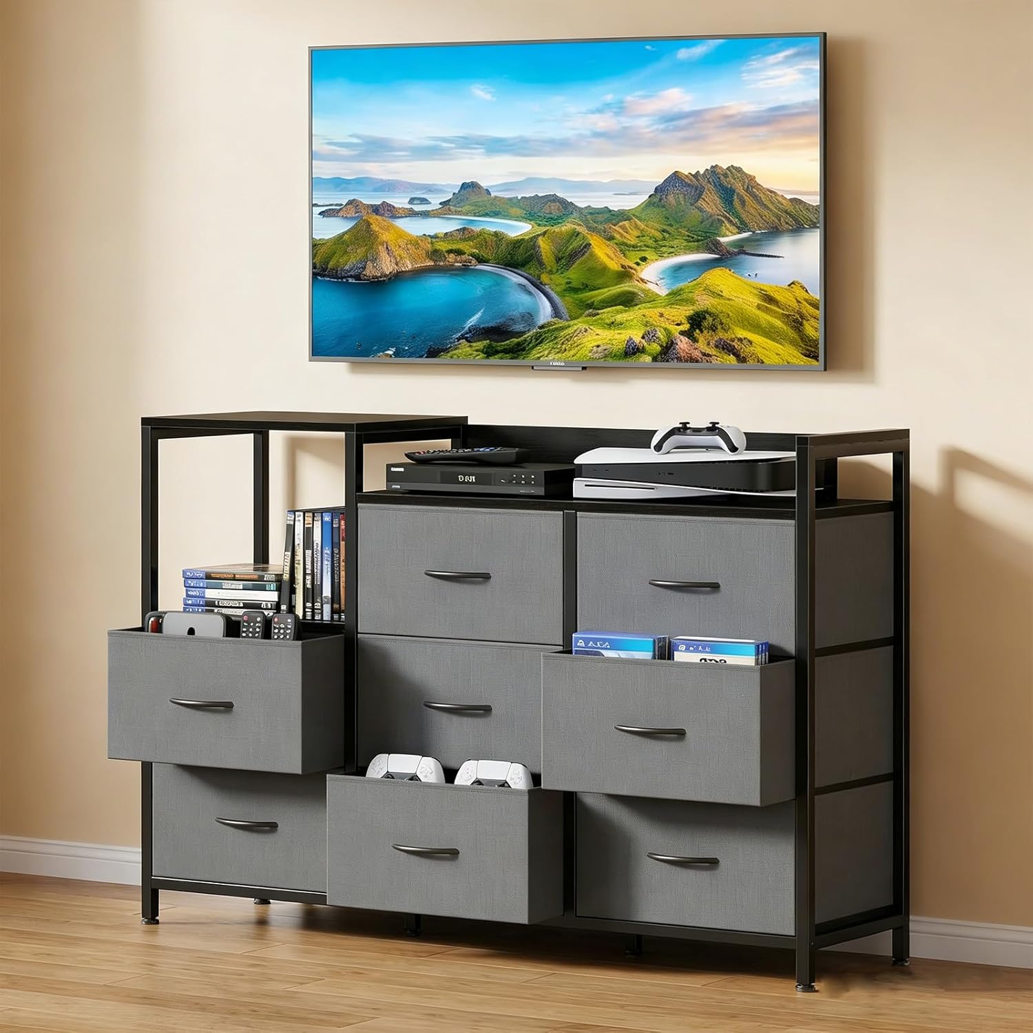 TV Stand with Charging Station, 8 Fabric Drawers Dresser Entertainment Center for TV up to 55 inch Wooden Media Console Table Storage Organizer for Living Room, Bedroom, Gray