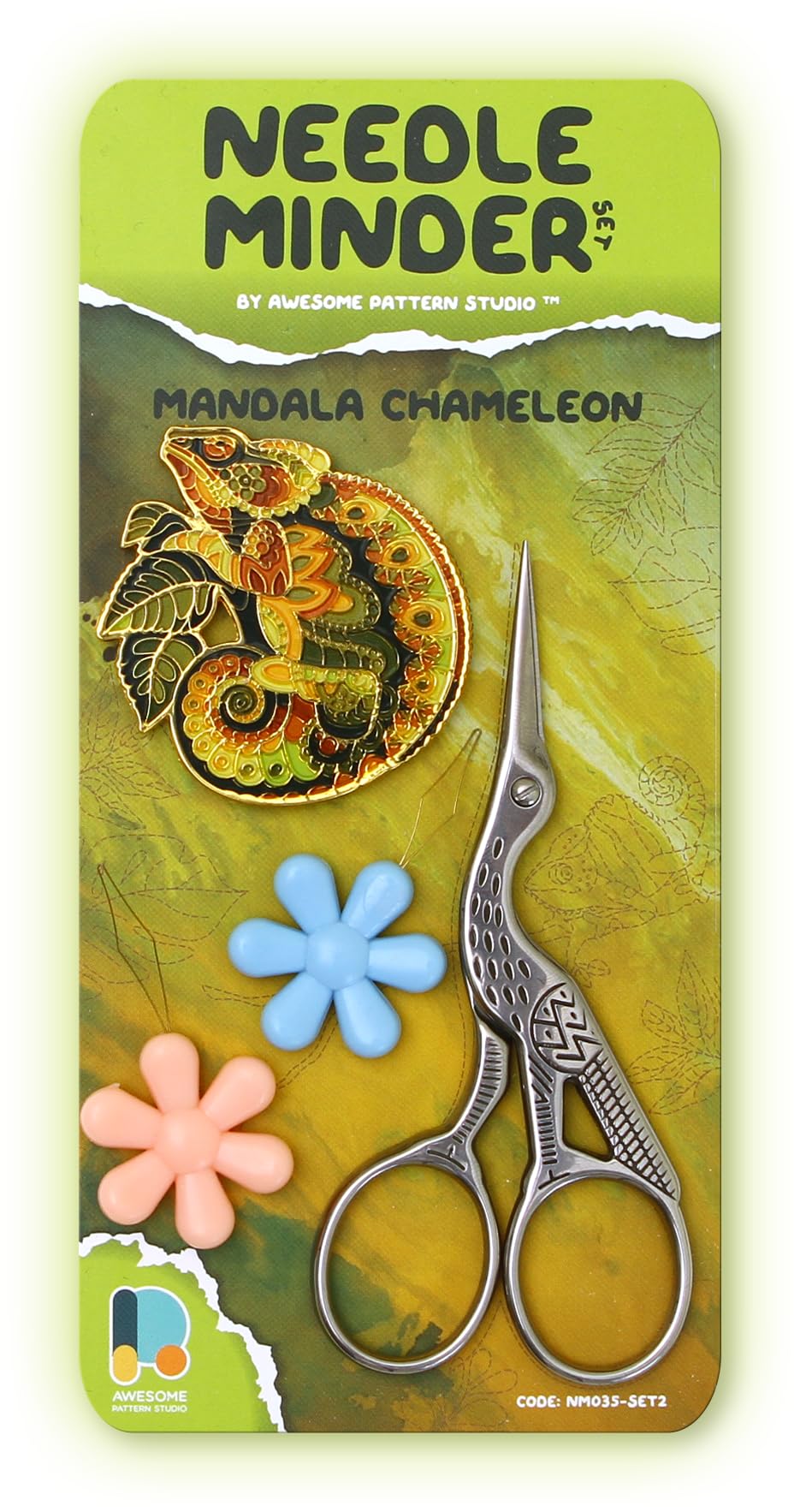 Awesome Pattern Studio Needle Minder Set - Mandala Chameleon Magnetic Needle Minder + 2 Needle Threaders + Crane Scissors. Enamel Pin for Cross Stitch, Embroidery and Craft