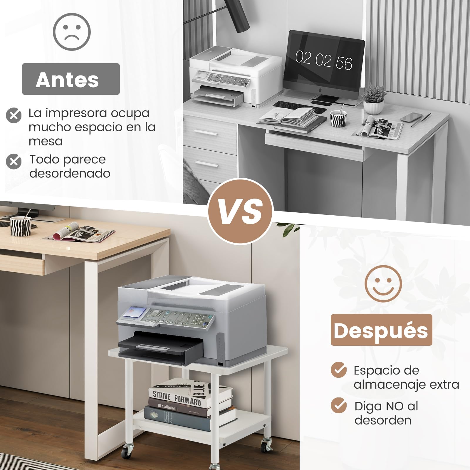 COSTWAY Soporte para Impresora con Ruedas, 2 Nivles, Mueble Impresora de Metal con Almacenamiento, Carrito de Almacenamiento Cocina Oficina, 49 x 40 x 38 cm (Blanco+Blanco)