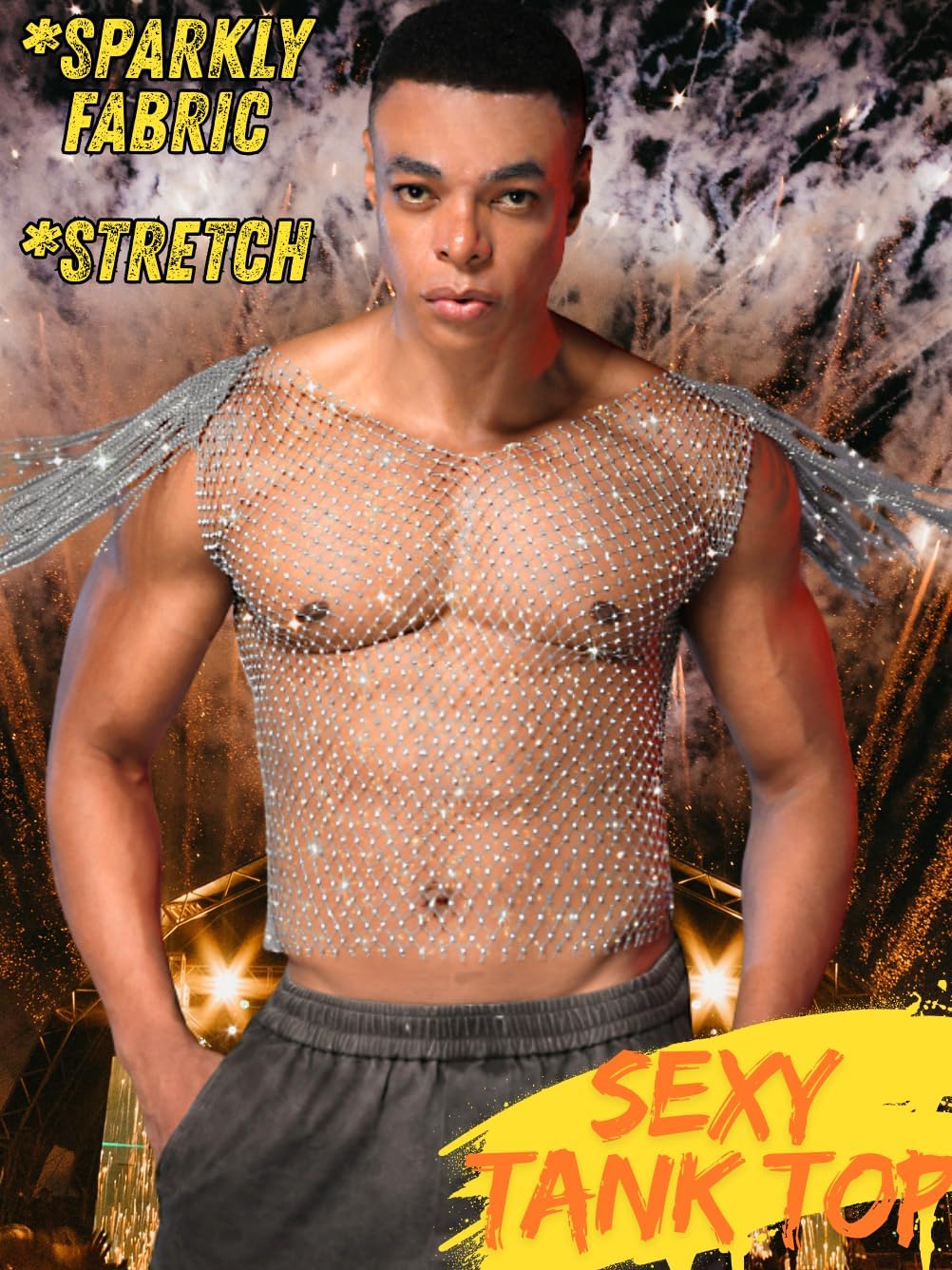 Men Sexy Fringe Cap Sleeve Sparkly Rhinestone Mesh Top, See Through Fishnet Shirt Tank Tops, Concert Club Rave Outfit - Image 3