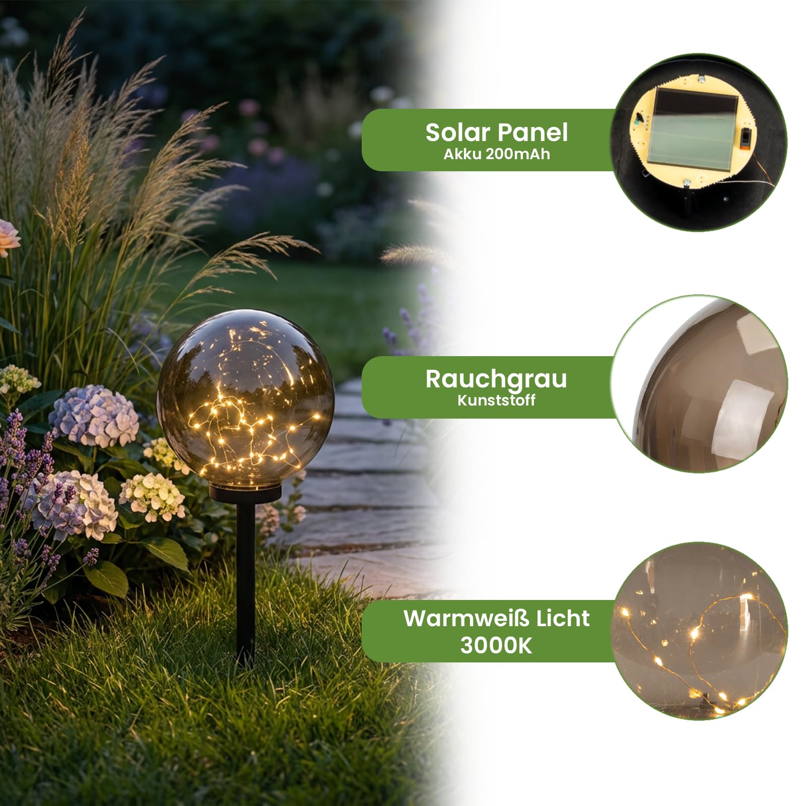 Lumiled 4 Stück Solar Kugelleuchte Gartenleuchte mit Erdspieß Solarlampe Dämmerungssensor IP44 Warmweiß Rauchgrau Ø30 cm Wegeleuchte für Garten Terrasse Weg