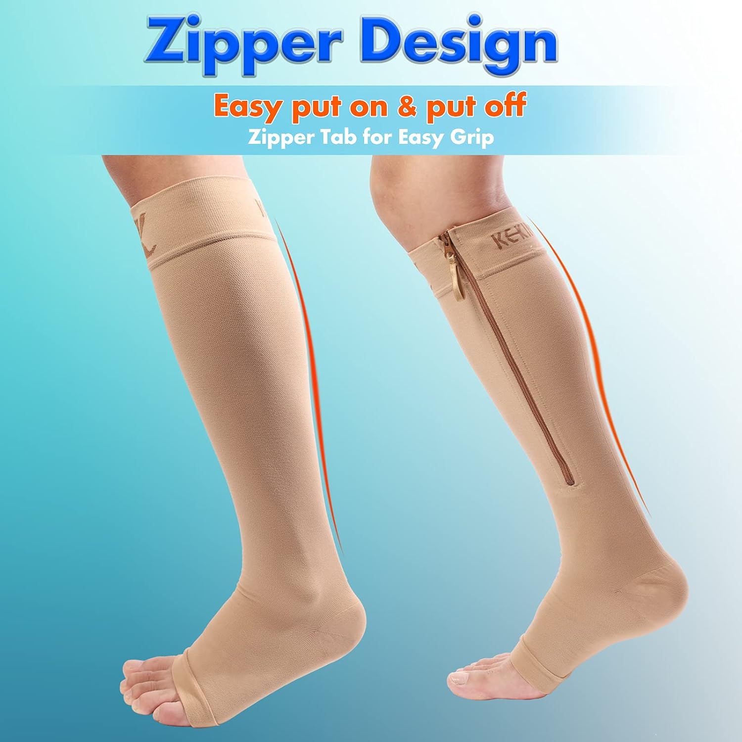 KEKING® Zipper Compression Socks for Men Women, Open Toe, 20-30mmHg Firm Support Knee High Zipper Compression Stockings for Wide Calf - Varicose Veins, DVT, Shin Splints, Edema, Nursing, Beige 4XL