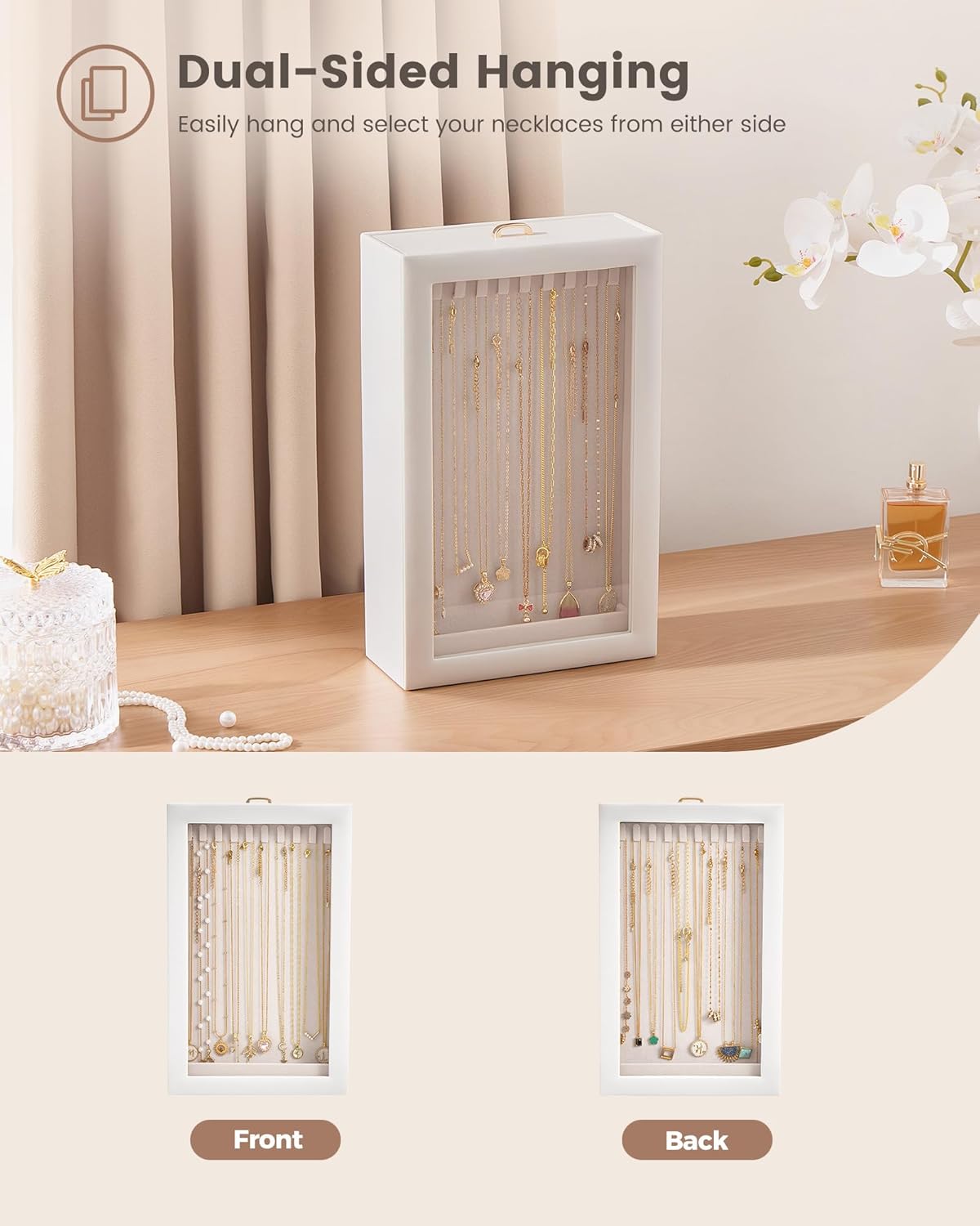 Lolalet Upgraded Double-Sided Hanging Necklace Organizer Box, Jewelry Display Case with Double-Sided Clear Window for Necklaces Bracelets, Tangle-Free Necklace Storage Box -White, 1-Layer 20 Hooks