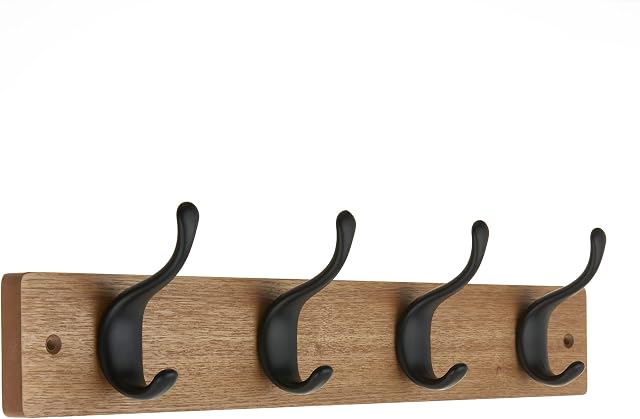 Keypak Modern Wall Mounted Coat Rack, Matte Black Hooks on Wood Base (4 Hooks, Ash Effect)