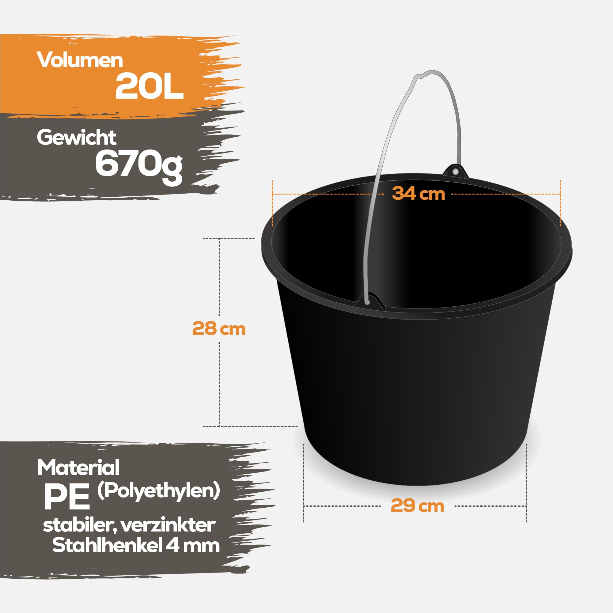 TAMS® Secchio da costruzione 5/12/20 l, secchio per malta e cemento, in plastica robusta, stabile per giardino, cantieri e agricoltura (a scelta come confezione da 5, 10 o 20) (20, 20 litri)