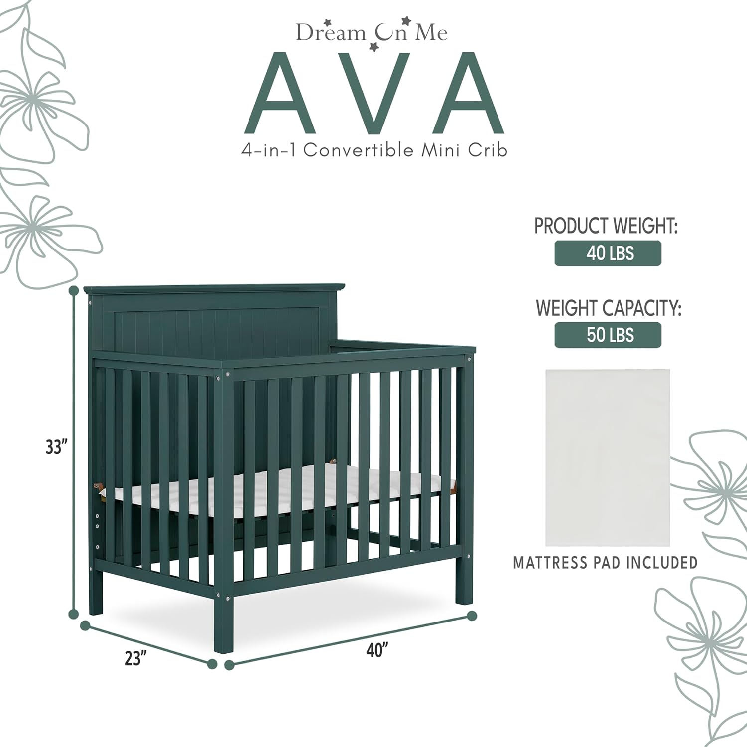 Dream On Me Ava 4-in-1 Mini Baby Crib with Daybed & Twin Bed Conversion in Olive, GreenGuard Gold & BSA, Non-Toxic Finish, 3-Position Adjustable Height, Includes 1″ Mattress Pad