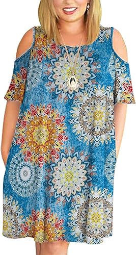 Kancystore - Vestido para mujer, talla extragrande, manga corta y hombros descubiertos, vestido informal tipo camiseta de corte holgado con bolsillos
