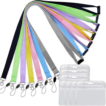 YOUOWO 7Pack 7Colors Lanyards Quick Release with Horizontal ID Badge Holder | Multicolor Lightweight Flat with Metal Hook,Black, Blue,Yellow,Green,Purple,Grey,Pink