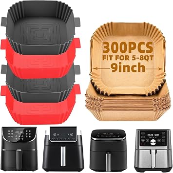 LYHOLKEER 4Pcs 7.6inch Air Fryer Silicone Liners Reusable for 3-6 QT,300Pcs 9inch Square Air Fryer Liners Disposable for 5-8QT,Food Safe,Easy To Clean,Non-Stick