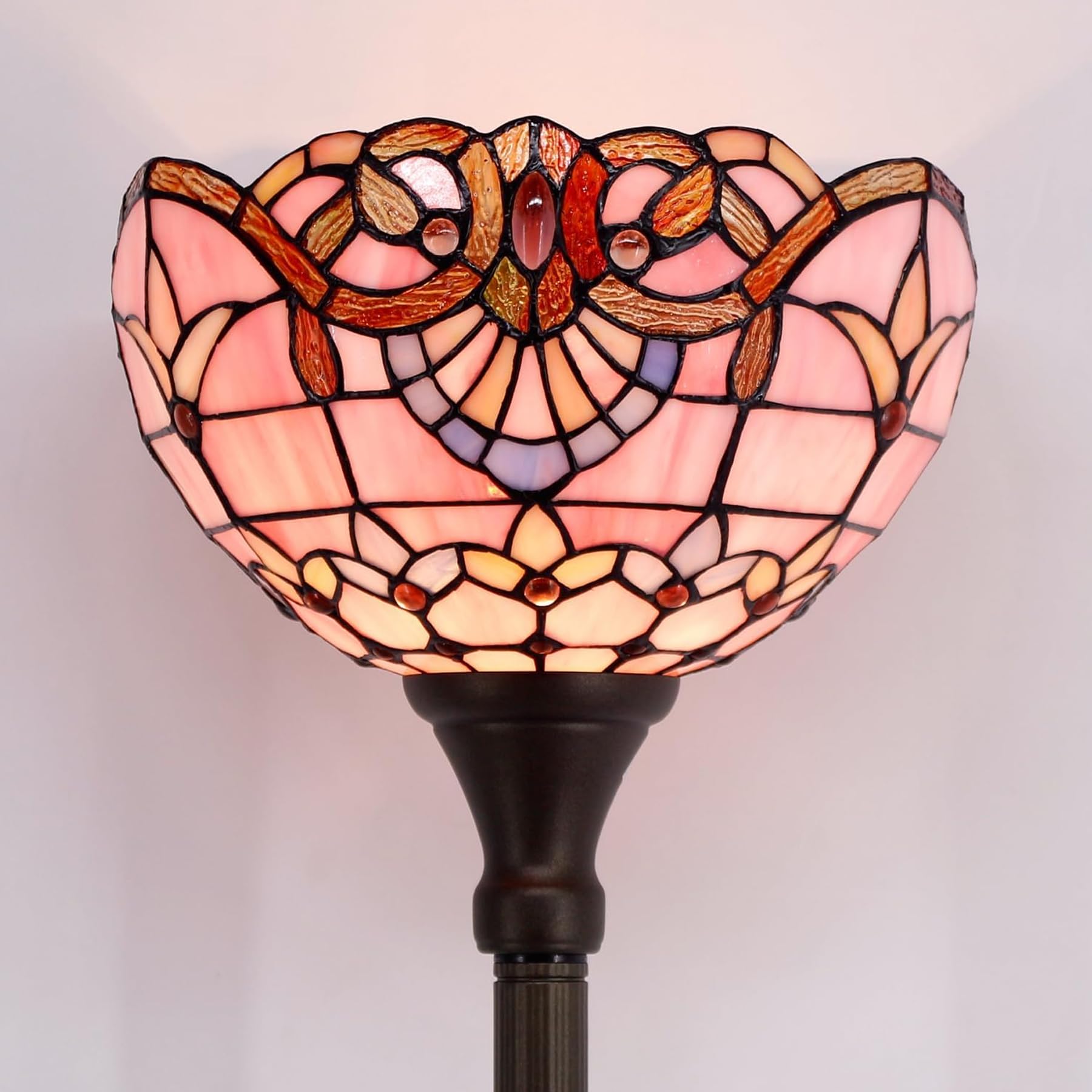 WERFACTORY Tiffany Floor Lamp Pink Baroque Stained Glass Light 12X12X71 Inches Pole Torchiere Standing Corner Torch Uplight Decor Bedroom Living Room Home Office