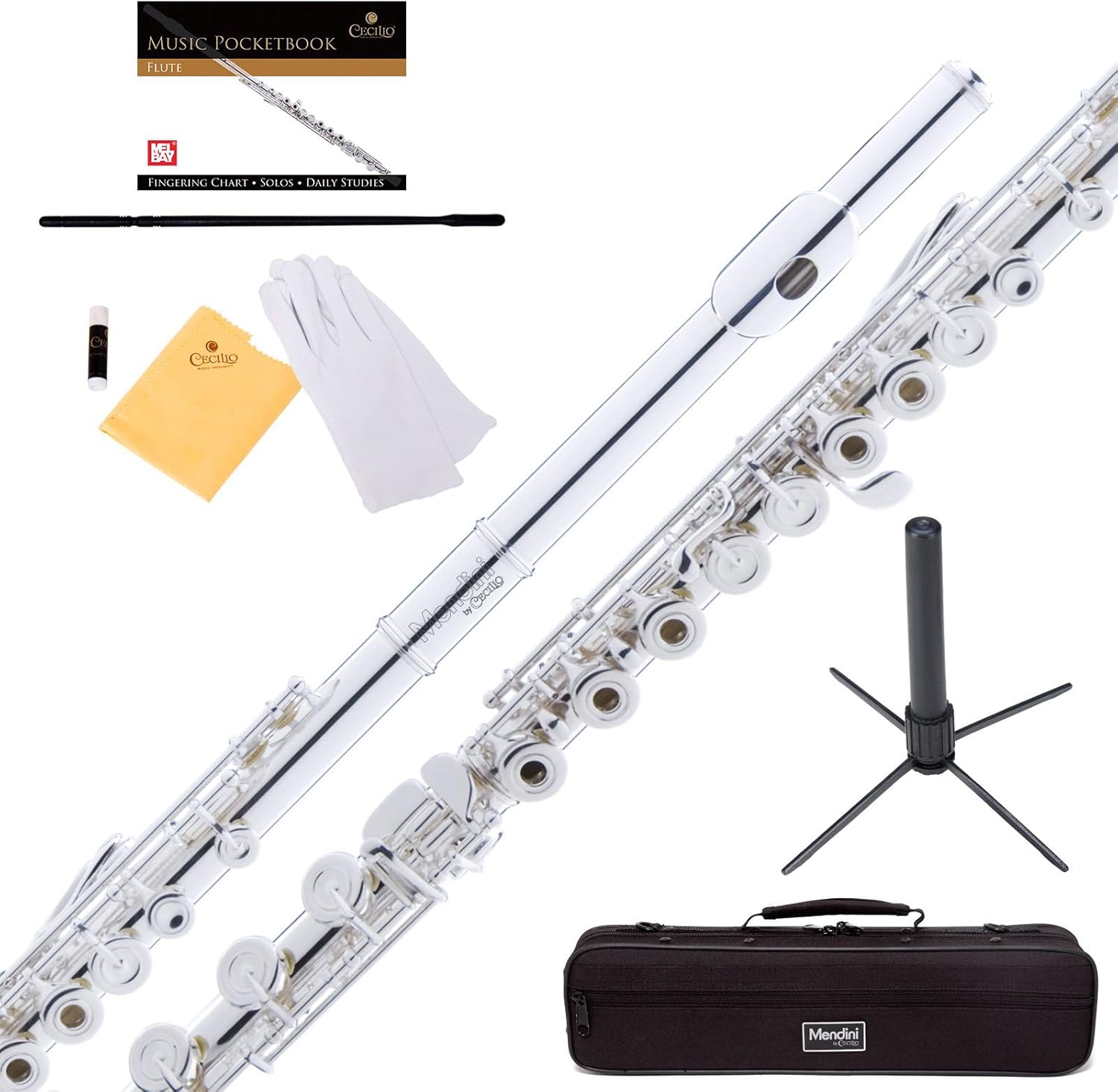 Mendini By Cecilio Open/Closed Hole C Flute, 16 Keys Flute Instrument For Beginners with Carrying Case, Cork Grease, Stand, Lesson Book, Cleaning Kit, Gloves- Silver