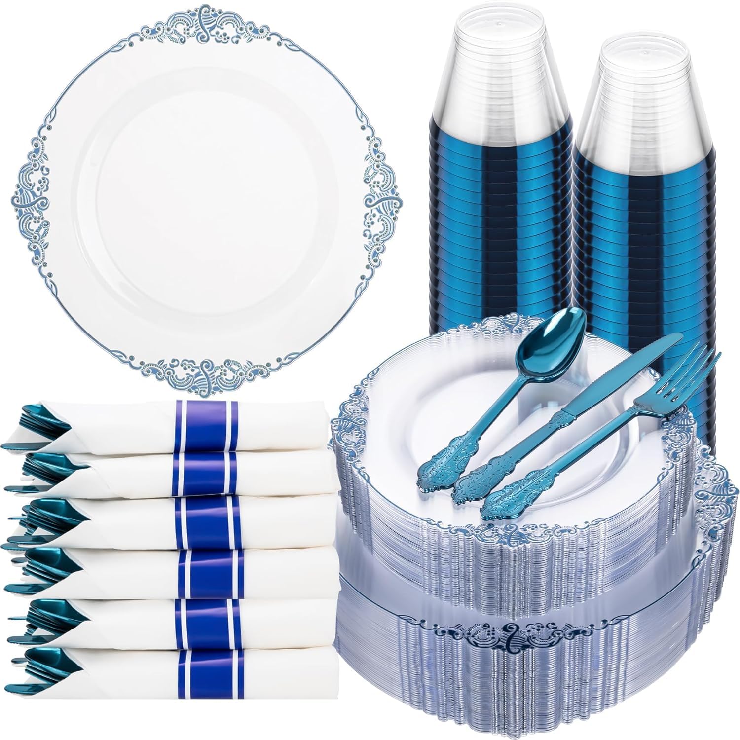 Blue & Silver Plastic Plates - 175 Piece Set -29