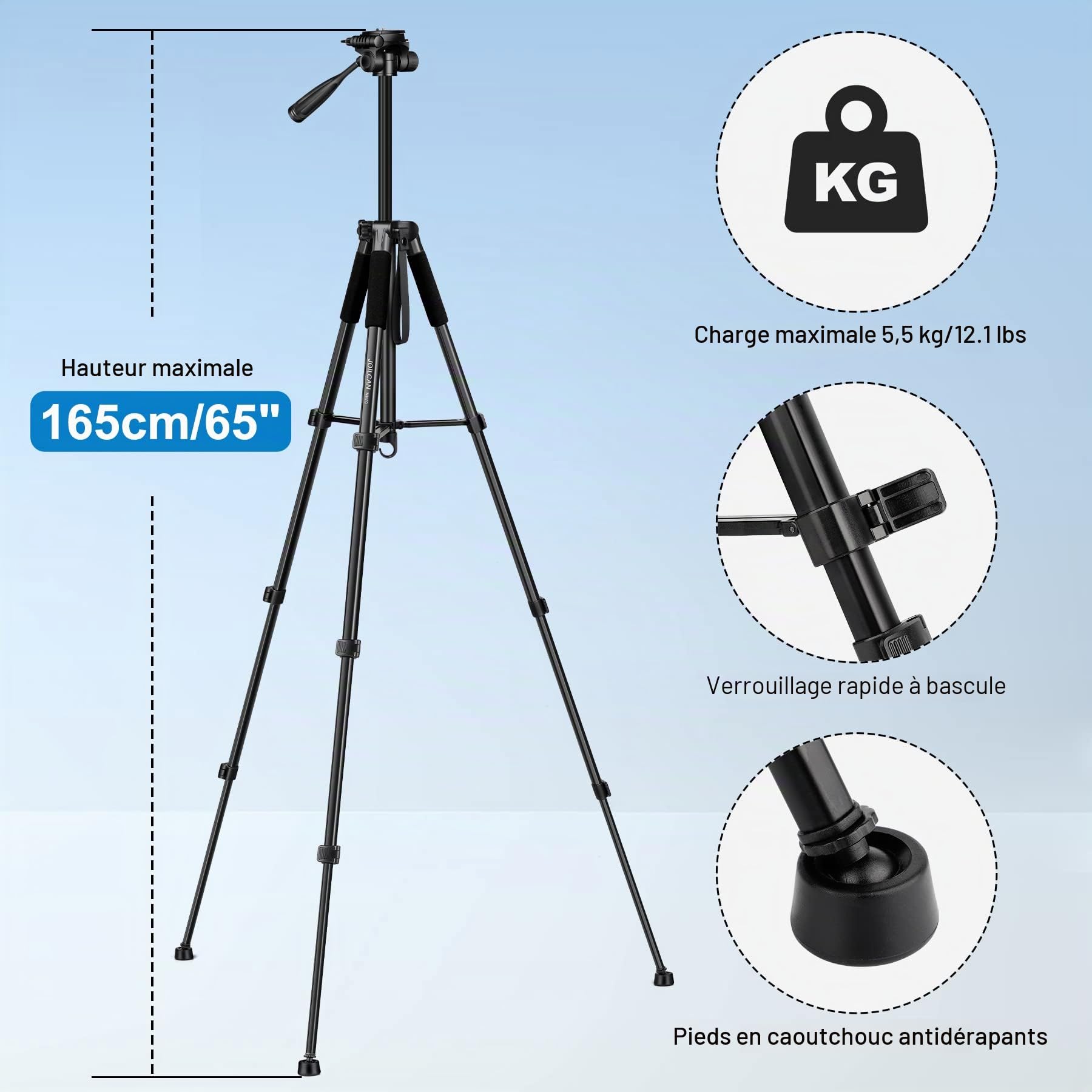 JOILCAN Trepied Appareil Photo pour Canon/Nikon/Sony/DSLR Caméra, 165cm Aluminium Trépied Caméra avec Sac de Voyage & Support de Téléphone, Léger Trepied pour Smartphone/Vlog, Charge Maximale 5,5kg