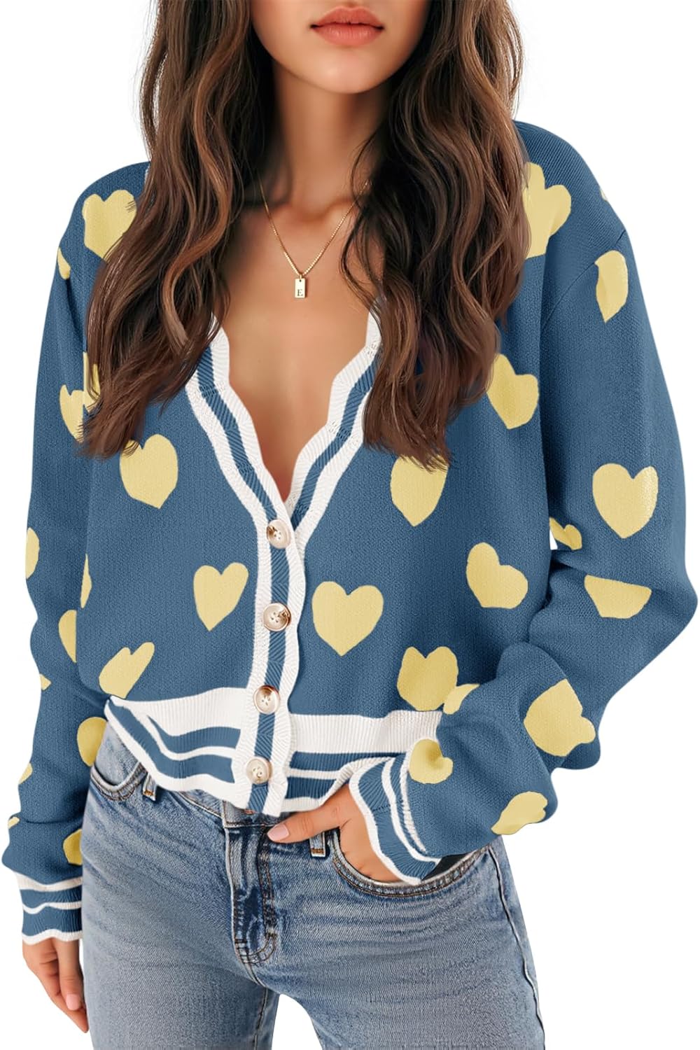 Saodimallsu Womens Cute Heart Cardigan Sweaters Button V Neck Long Sleeve Color Block Knit Valentines Sweater