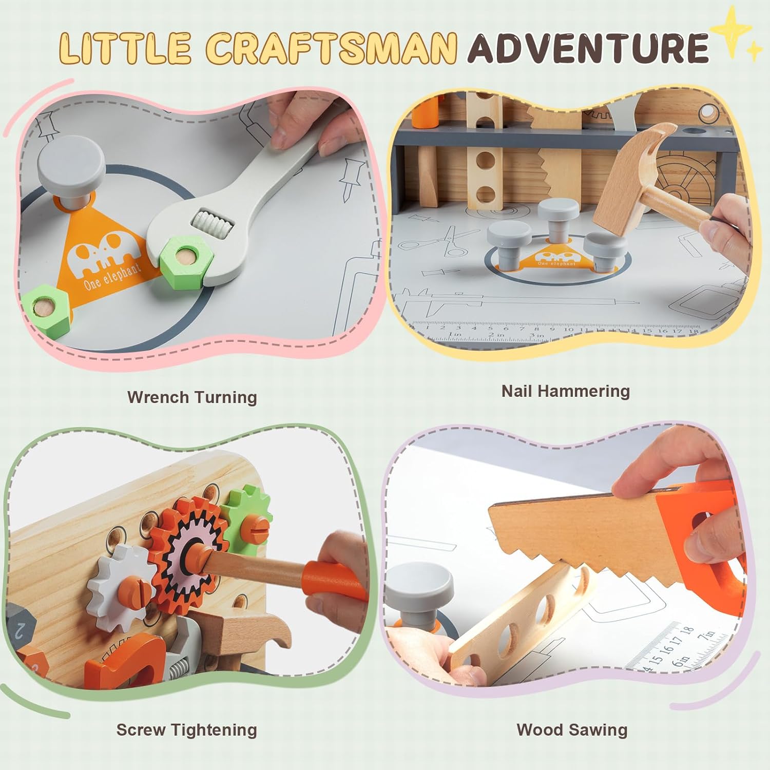 Wooden Pretend Play Tool Bench & Workbench with Clock, Interlocking Gears, Hammer, Saw, Wrench & Storage Drawer - Montessori STEM Toy for Toddlers, Preschoolers Age 3+ - Birthday Gift for Kids