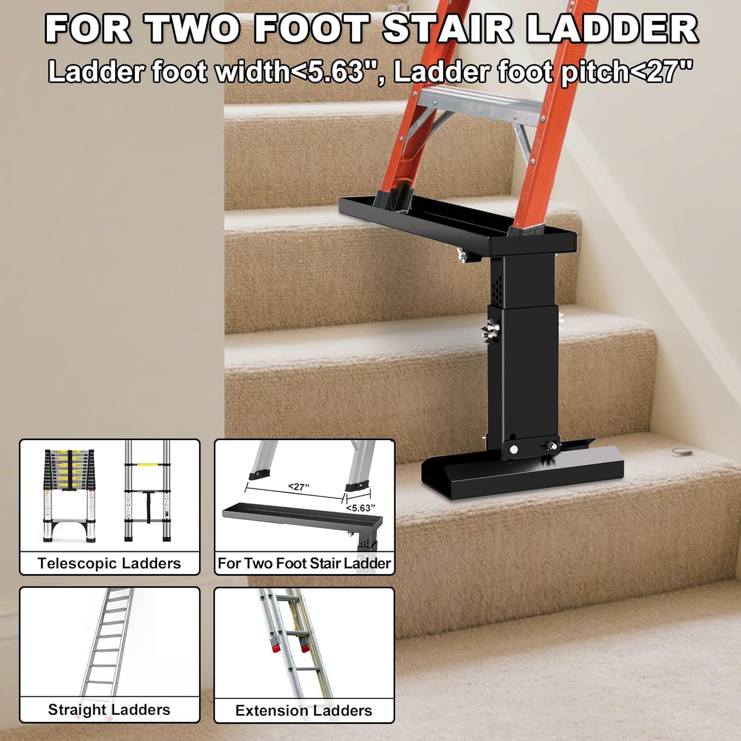 Foldable Ladder Extender for Stairs-Heavy-Duty Ladder Leveler-Adjustable 13.4-19.1" Height/Platform 27x5.63"/Non-Slip Mat-Ladder Extension Aide Stabilizer for Extension/Straight/Telescopic Ladder