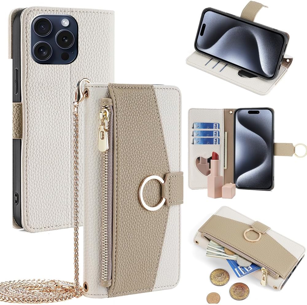 Wallet Case with Crossbody Strap Compatible for iPhone 16 Pro Max, Magnetic Handbag Zipper Pocket Cases PU Leather Flip Cell Phone Holster Cover with Kickstand White