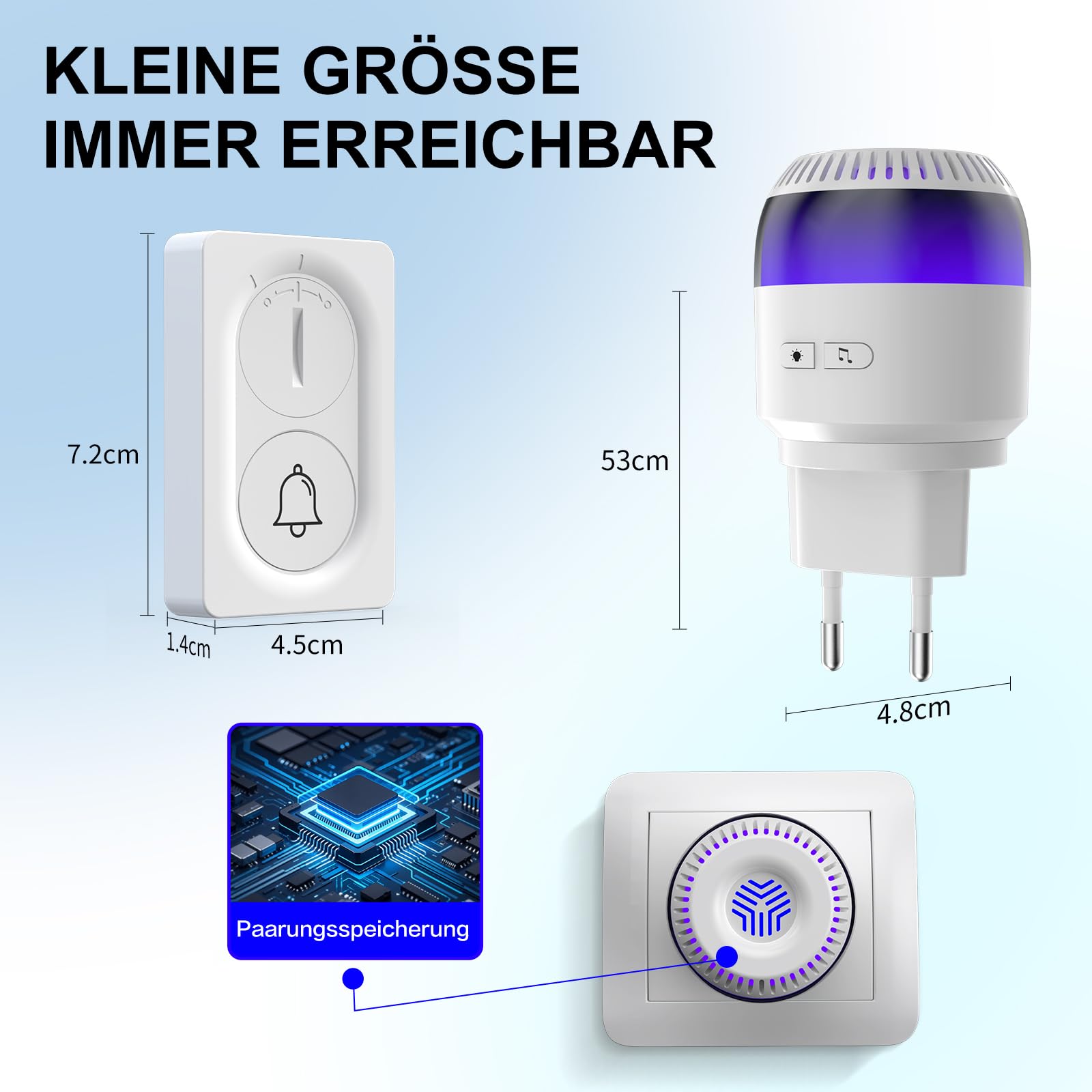 Funk-Türklingel mit 2 steckbaren Empfängern & IP55 wasserdichtem Sender | Punktgenaue akustisch visuelle Meldungen,300m Freifeldreichweite,Für Homeoffice & Wohnbereiche Wohnzimmer