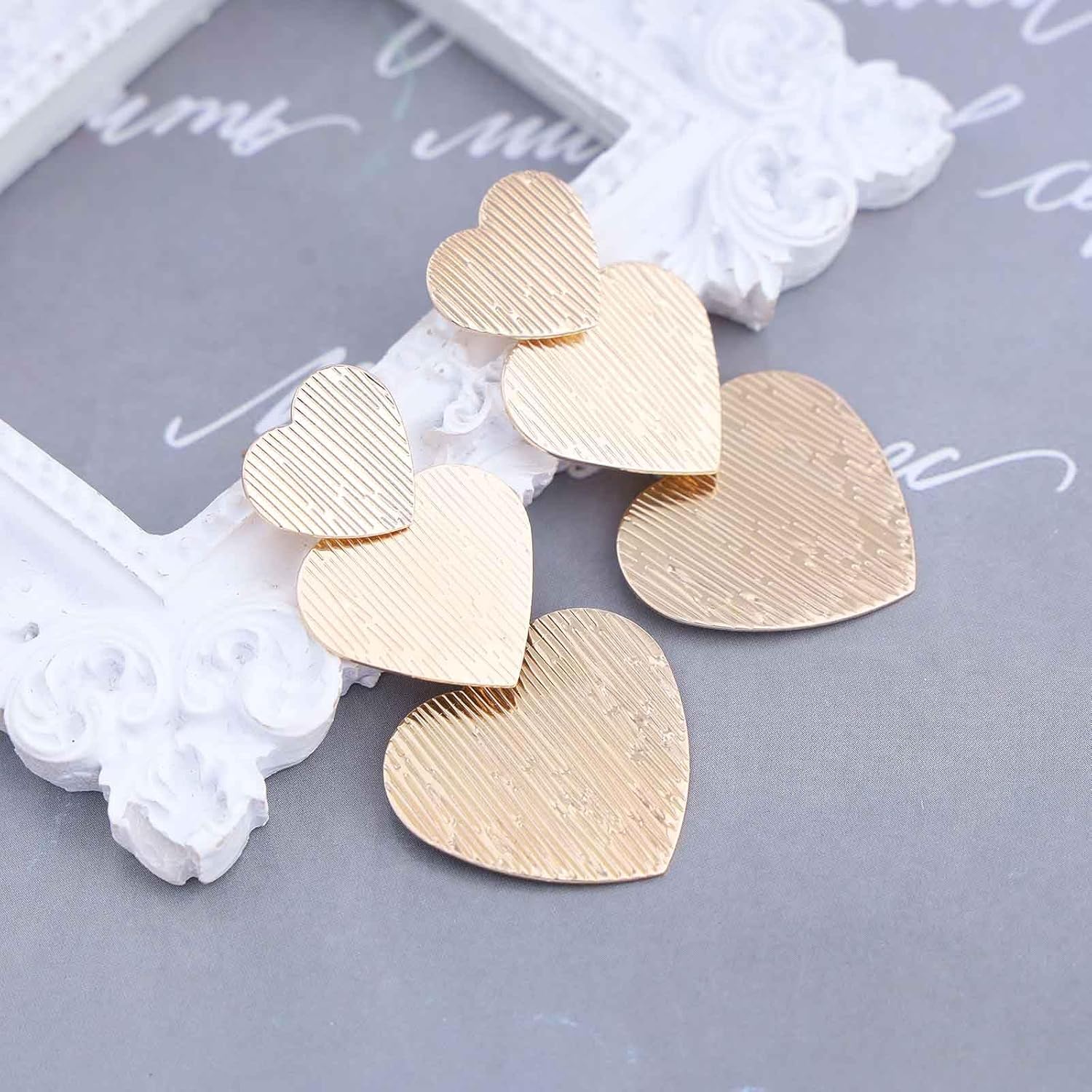 Boho Gold Hammered Heart Stud Earrings Three Heart Earrings Large Heart Dangle Drop Earrings Metal Textured Heart Earrings Heart Shape Statement Earrings Jewelry for Women - Image 3
