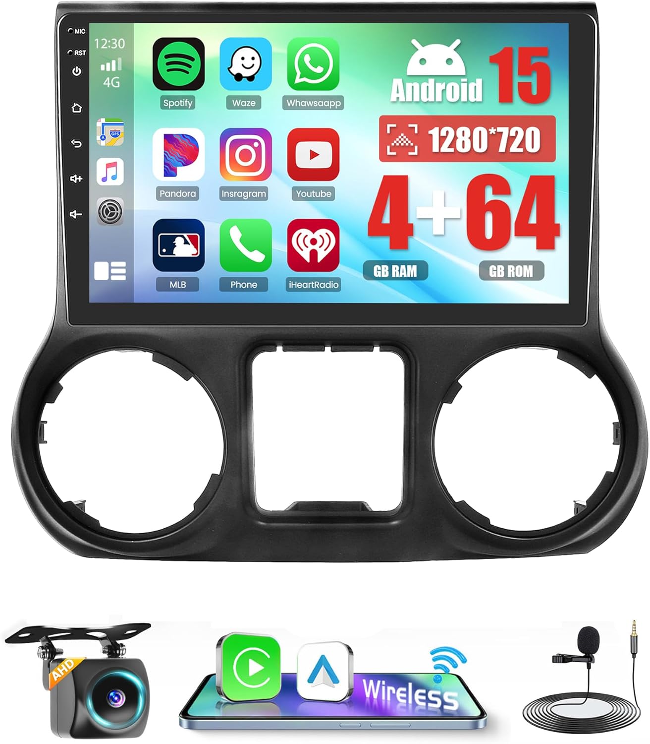 4+64G Car Radio for Jeep Wrangler 2015 2016 2017 with Wireless CarPlay Android Auto, 10.1 Inch Android Touchscreen for Jeep Wrangler Car Stereo with Bluetooth 5.0, FM/RDS, 32EQ, GPS, WiFi, UI