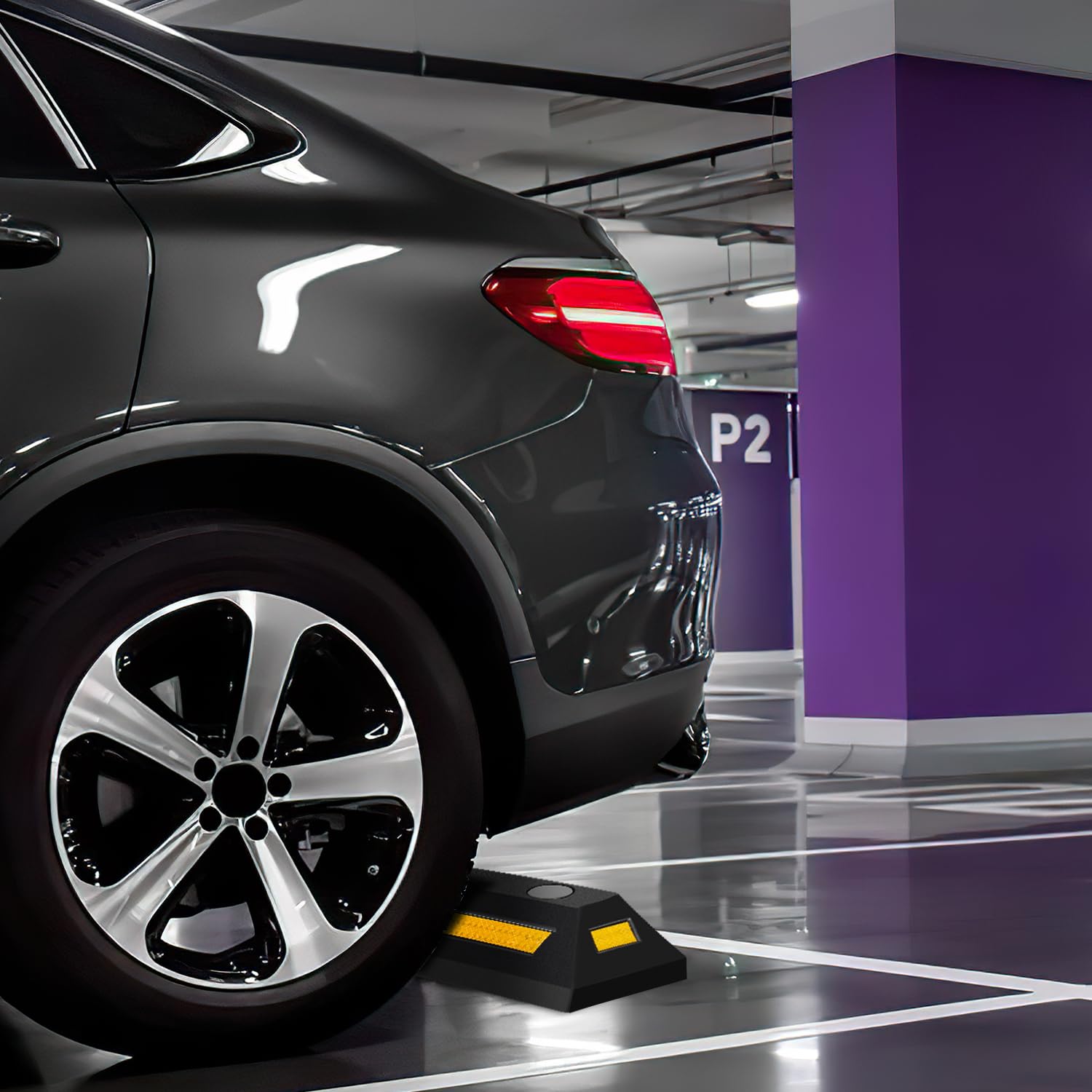 8 Stück Radstopper Parkplatzsperren Gummi Parkplatzbegrenzer Parkbegrenzung Parkplatzmarkierung Anfahrschutz mit Gelb Reflektierende Streifen für Garage und Parkplätze
