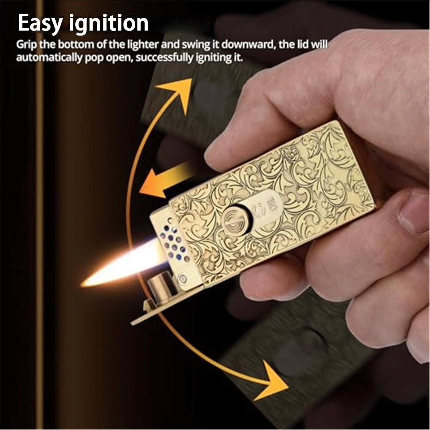 Lifting Vintage Brass Kerosene Windproof Lighter, Matchbox Lighter, Hand-Carved, Push-Pull Ignition, refillable Fuel, Suitable for Collection Decoration (Kerosene not Included)(B)