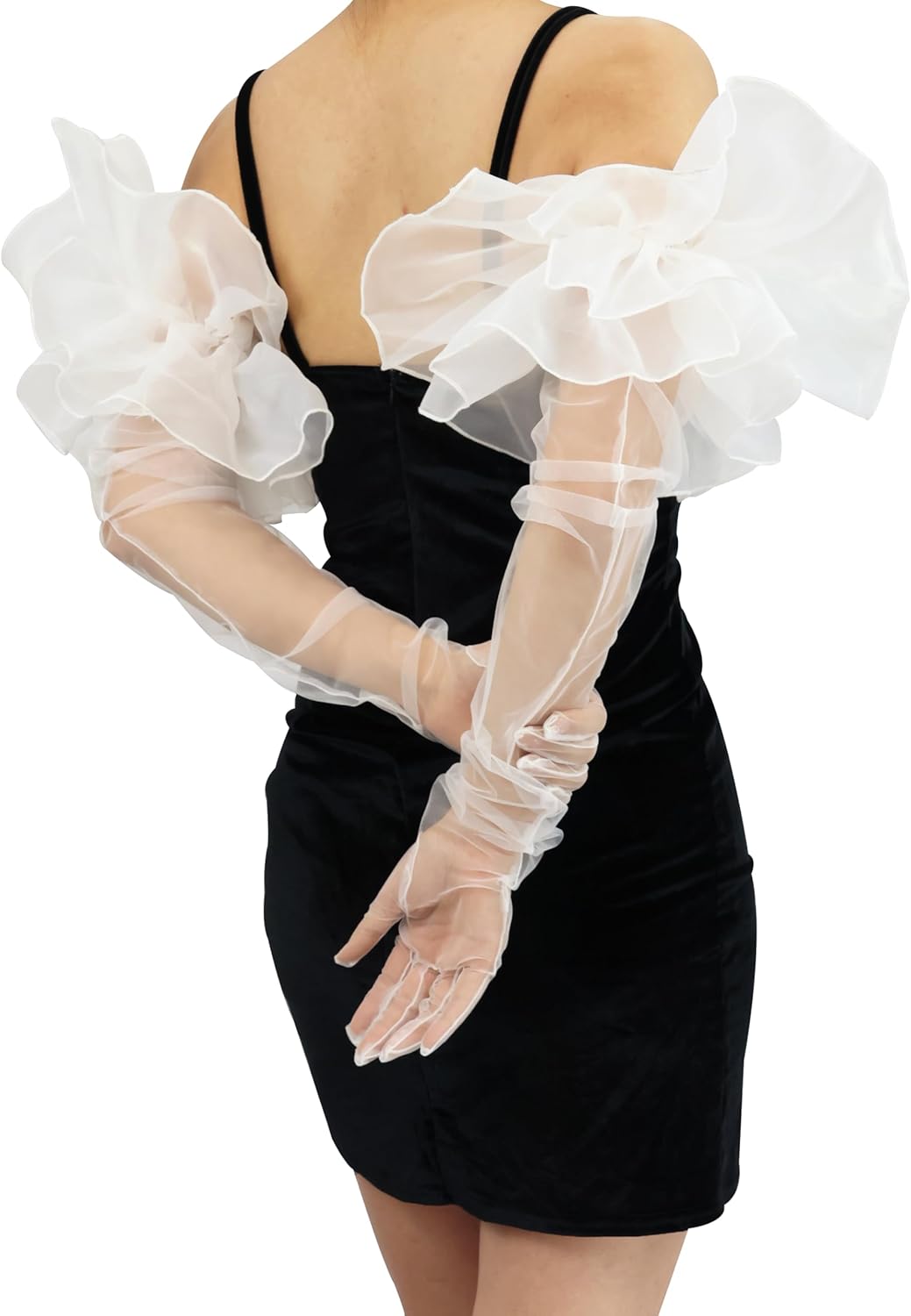 Super Puff Sheer Long Gloves Oversize Tulle Mesh Gloves for Cocktail Opera Party Gloves with Ruffle Long Sleeve - Image 4